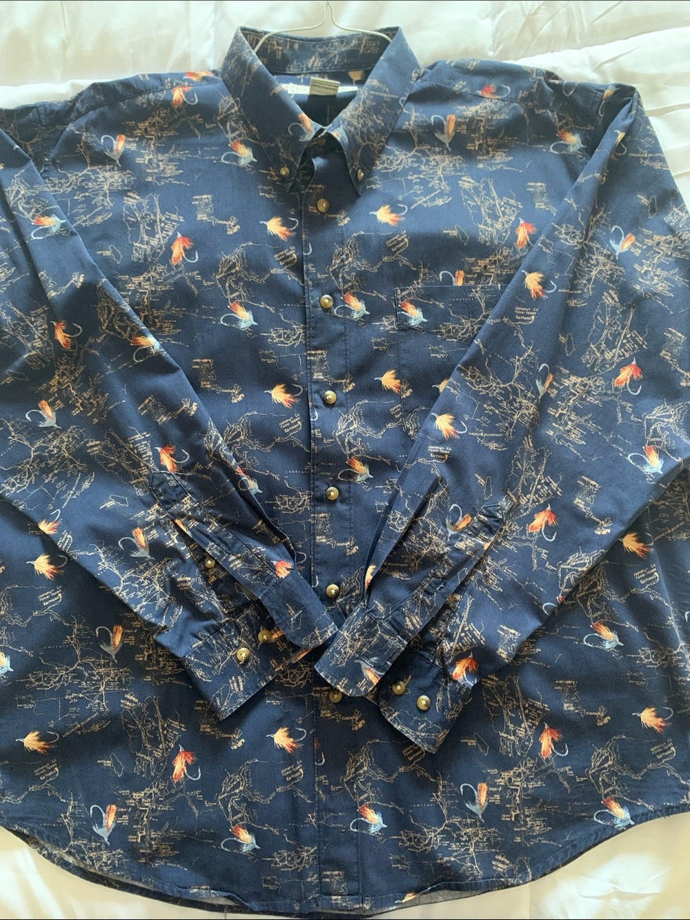Crossings Men's XL Navy Printed Button-Down Shirt Fly Fishing Lures Long Sleeve